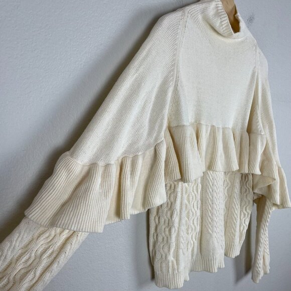 Project Naadam Womens Medium Sweater Ruffle Mock Neck Cream Cable Knit - Picture 6 of 12